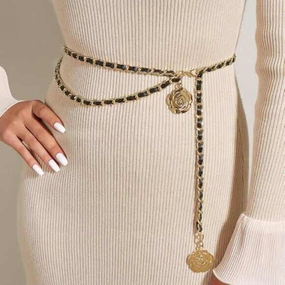 NWT Black and Gold Chain Belt Multilayer w/ Camellia Flower Pendants - Picture 4 of 5